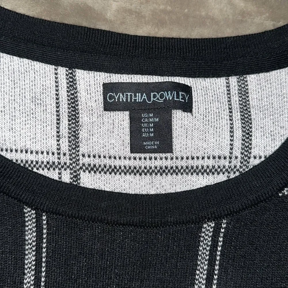 Cynthia Rowley M Black White Window Plane Plaid Long Sleeve Crew Sweater Dress